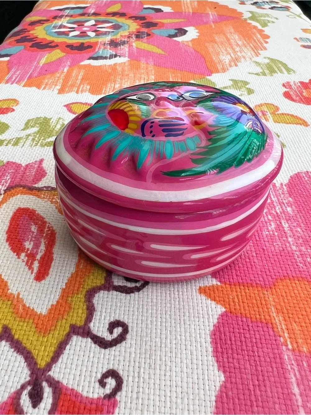 Mexican Pottery Folk Art Sun Moon Celestial Hand Painted Terra Cotta Trinket Box